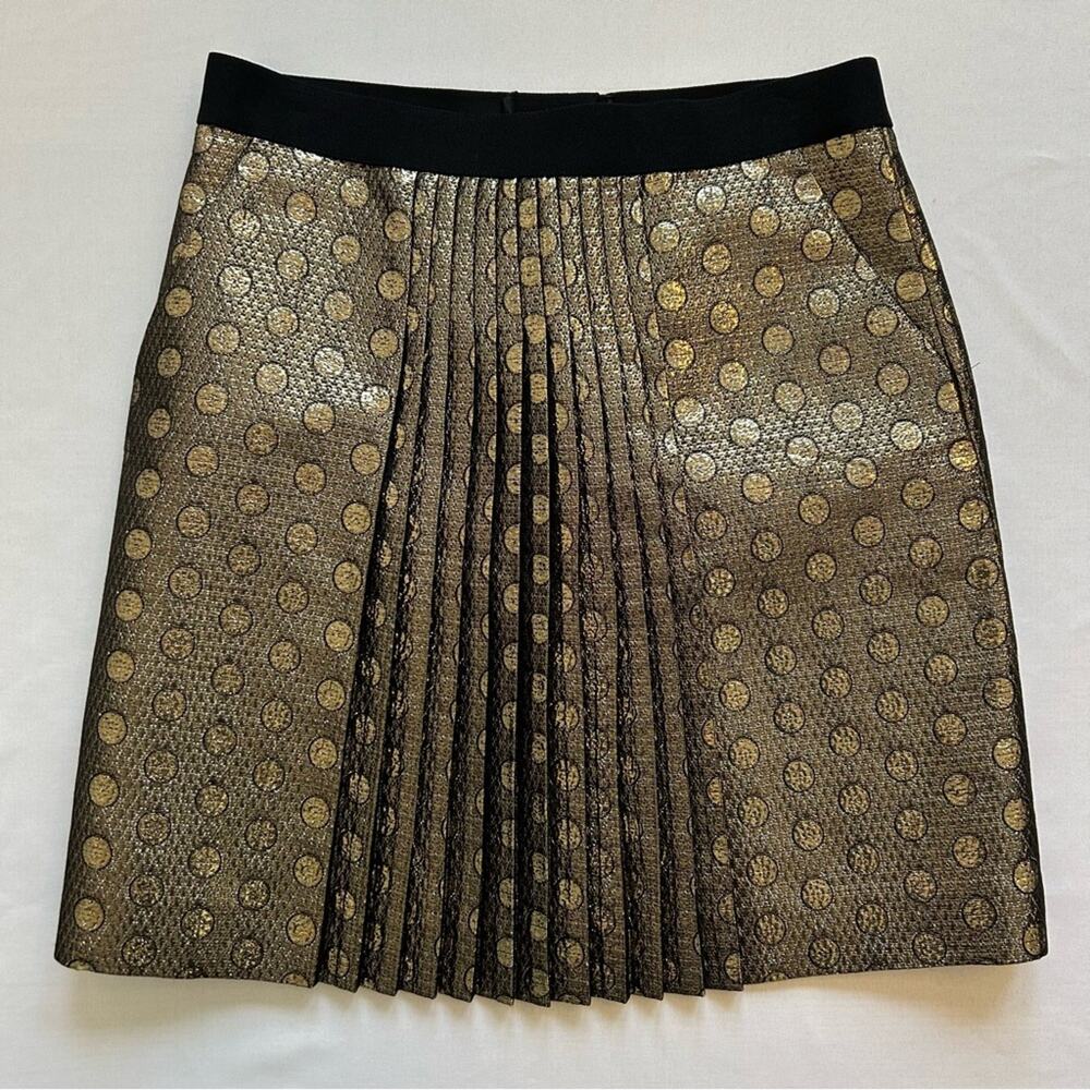 J.Crew Gilded Jacquard Pleated Skirt Polka Dot Black Gold Metallic Size 4